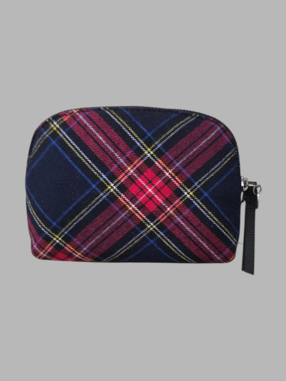 J. Jill Ladie's Navy Blue Tartan Plaid Cosmetic Pouch with Silver Hardware
